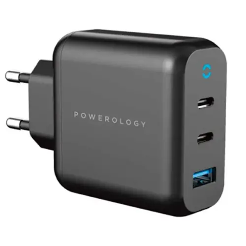 آداپتور Powerology 65W 1QC 36W USB-A and 2USB-C Ports GaN PD Wall Charger EU الو آیفون مشهد