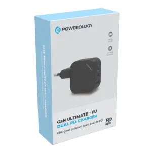 آداپتور Powerology 65W 1QC 36W USB-A and 2USB-C Ports GaN PD Wall Charger EU الو آیفون مشهد