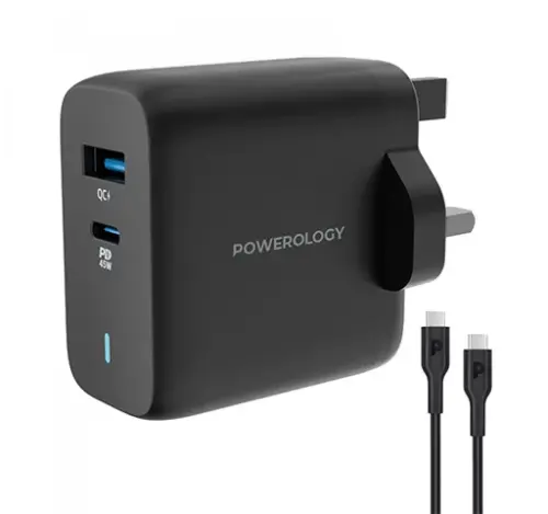 شارژر دیواری فست شارژ تایپ سی و یو اس بی 63 وات پاورولوژی Powerology Ultra-Quick Charging Adapter الو آیفون مشهد